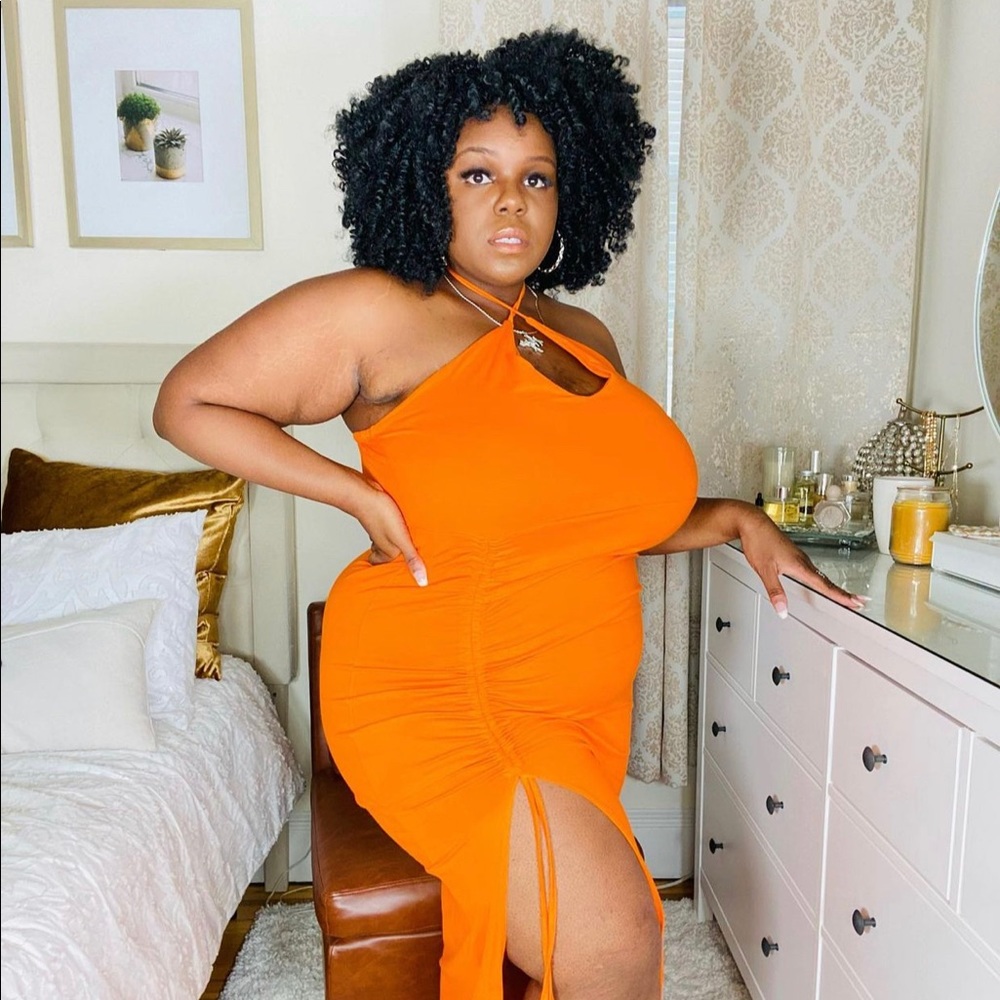 Orange Ruched Split Maxi Dress